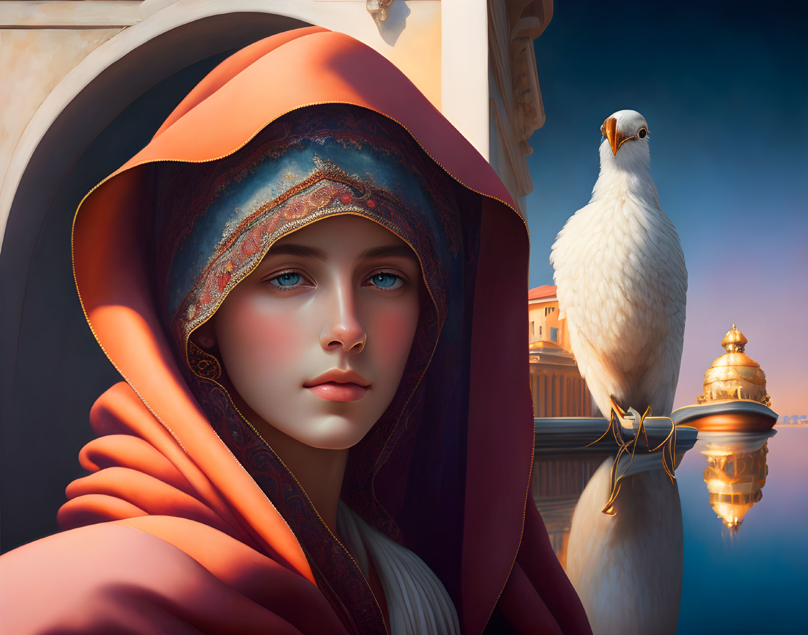 Woman in Red Hooded Cloak with Falcon and Architecture Background