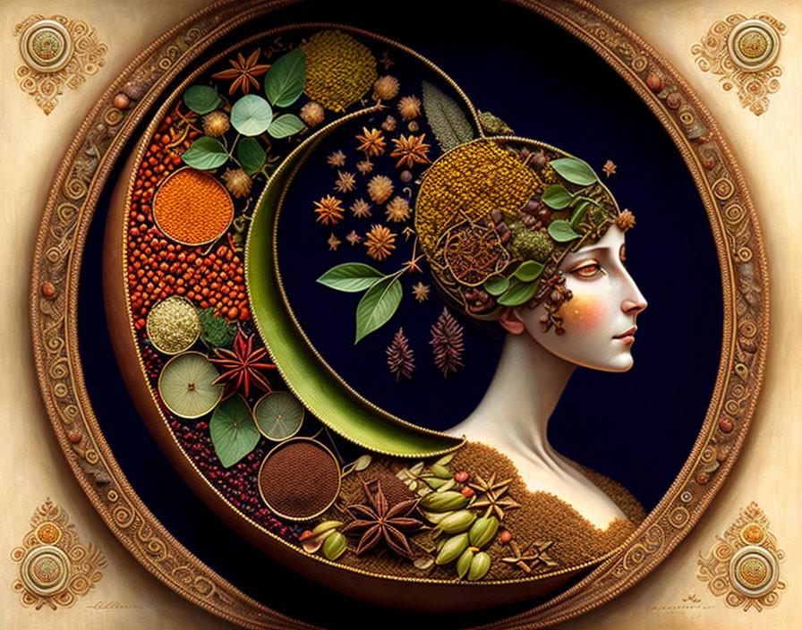 Profile portrait of woman with spice botanical headdress in circular frame