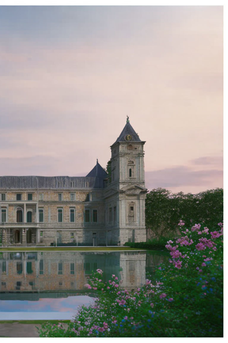 Historical building with tower, tranquil water, pink flowers at twilight