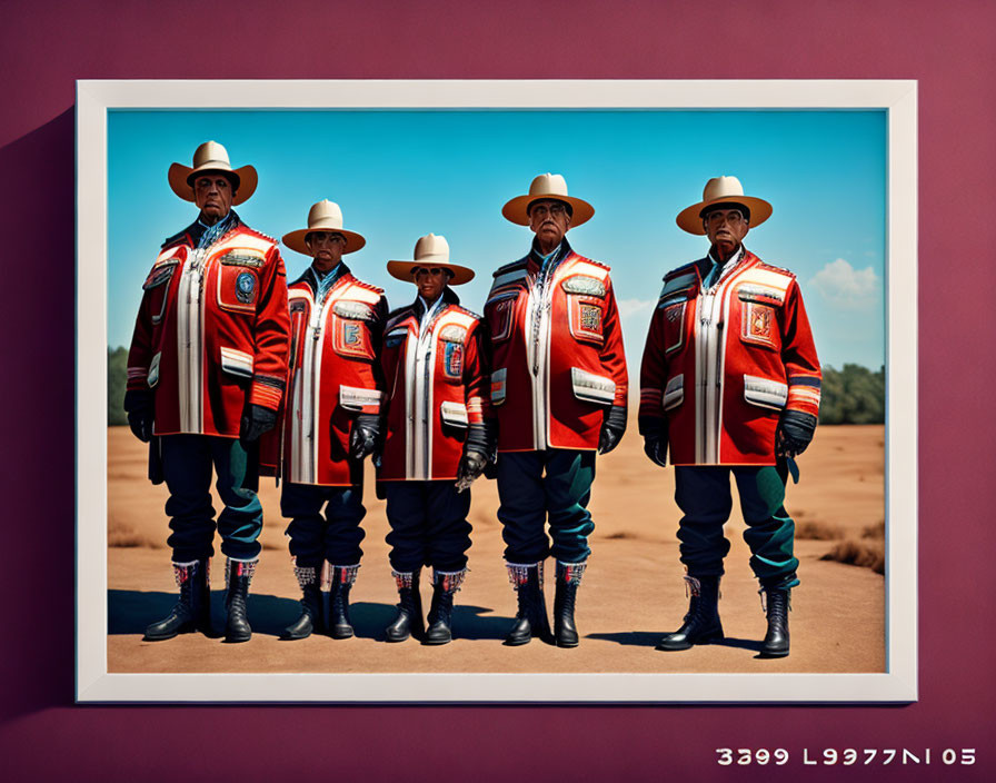 Group of five individuals in ornate cowboy attire with wide-brimmed hats in desert landscape