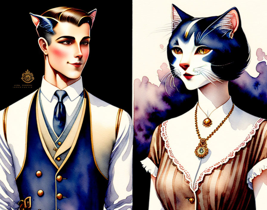 Anthropomorphic cats in vintage attire: male in suit, female in lace dress