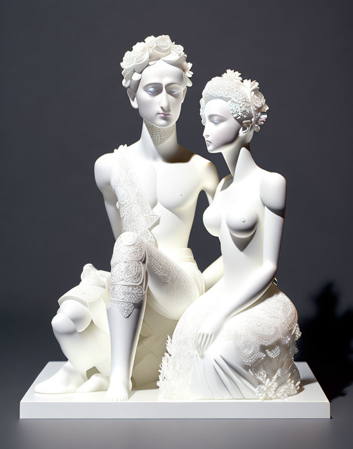 Intricate Porcelain Sculpture of Seated Couple with Lace Detail