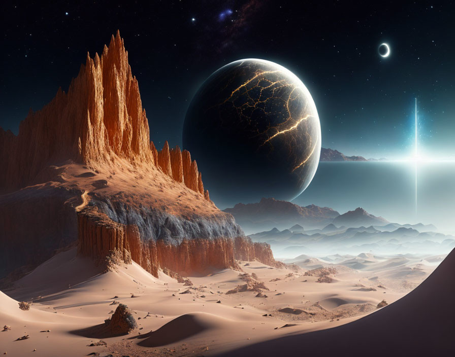 Surreal sci-fi landscape with towering rock formations and glowing planet