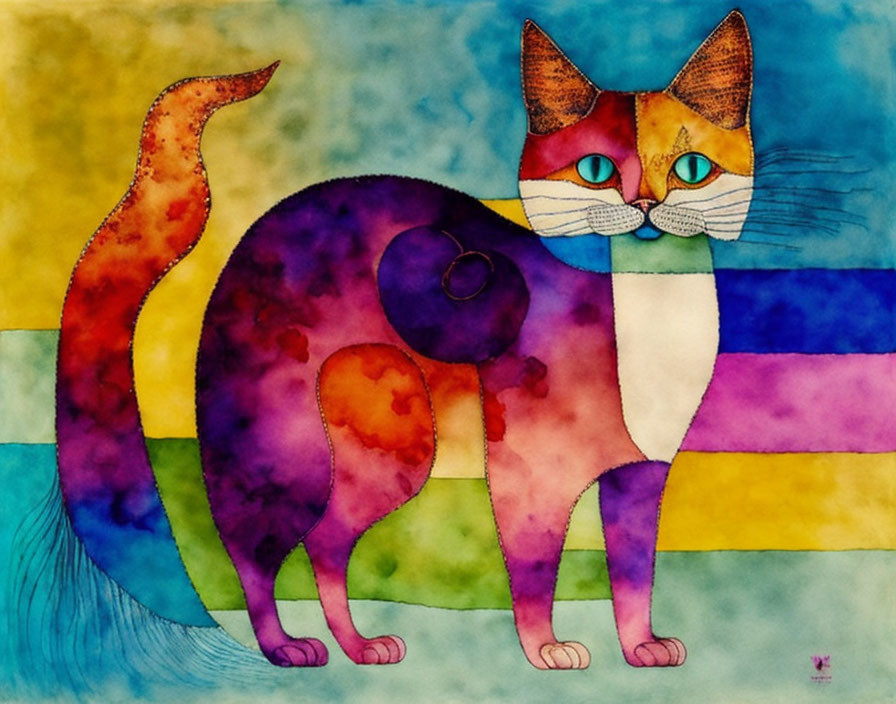 Vibrant abstract cat art with geometric patterns and colorful background