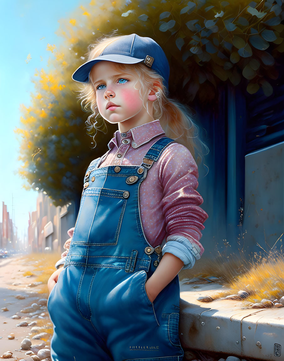 Blonde girl in denim cap and overalls on sidewalk with sunlight filtering through trees