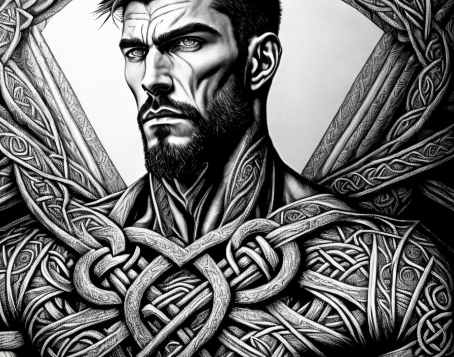 Monochrome artistic illustration of a bearded man with intense eyes and Celtic knot patterns