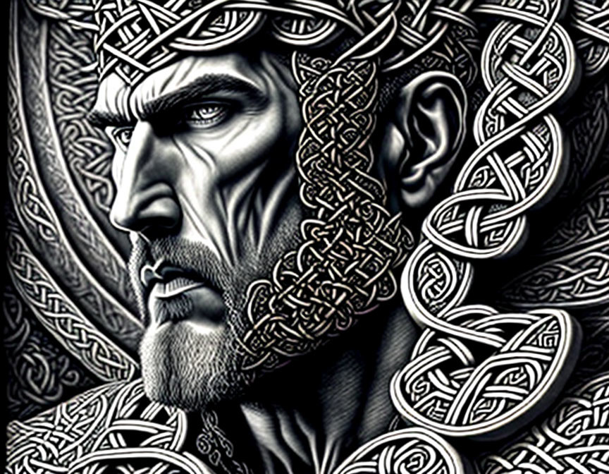 Detailed monochrome illustration of man with Celtic knot designs in beard & hair