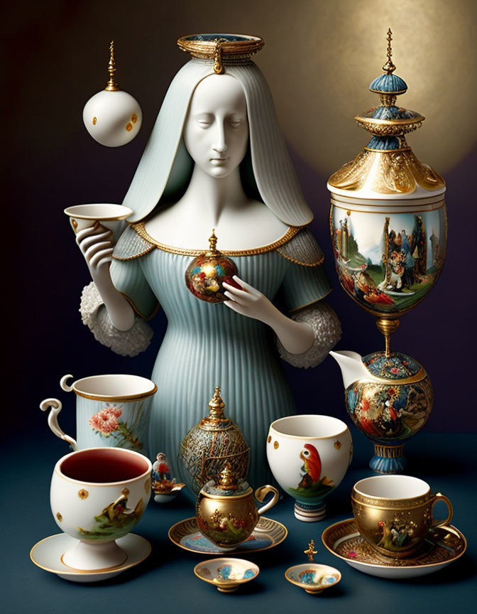 Woman Blended with Ornate Porcelain Teaware on Dark Background