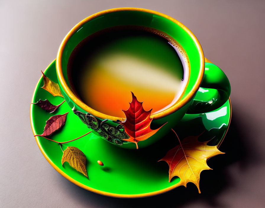 Green cup and saucer with autumn leaves design, filled with steaming beverage