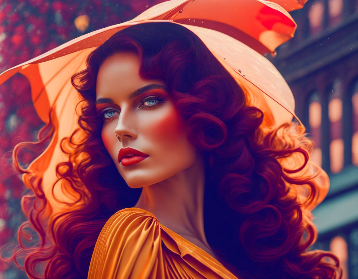 Woman with Blue Eyes and Red Curly Hair Holding Red Umbrella in City Setting