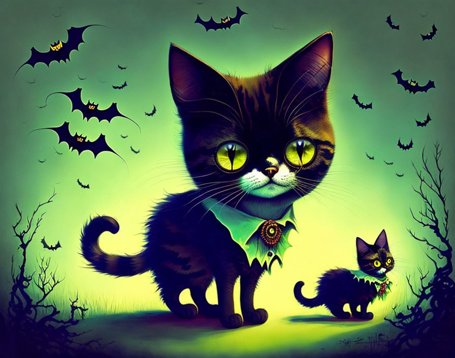 Illustration of big-eyed black cat with smaller cat among bats and eerie trees on green background