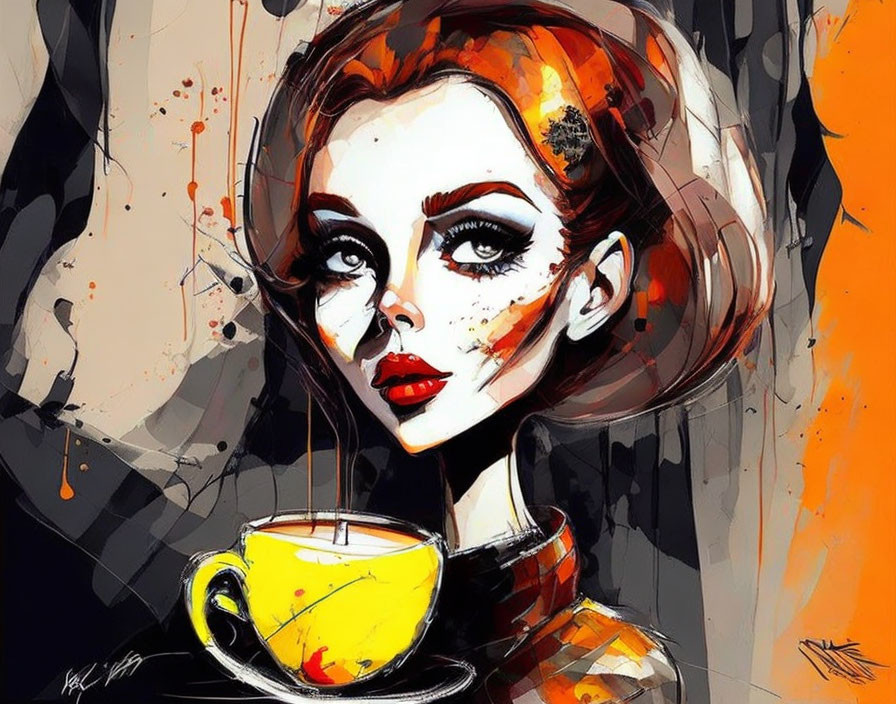 Stylized portrait of a woman with large eyes and prominent makeup holding a yellow cup