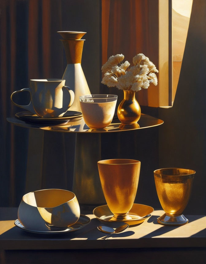 Golden tableware in various shapes under sunlight shadows.