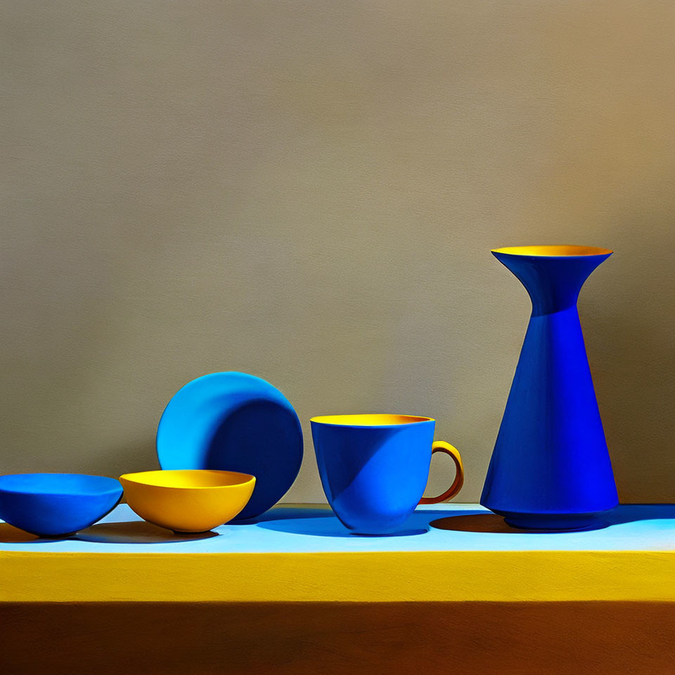 Blue and Yellow Still Life Arrangement on Beige Background