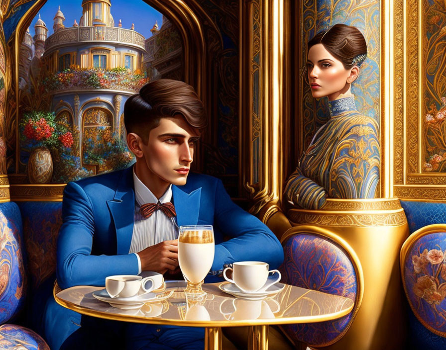 Elegant man and woman in formal attire at ornate café table with opulent gold and blue décor