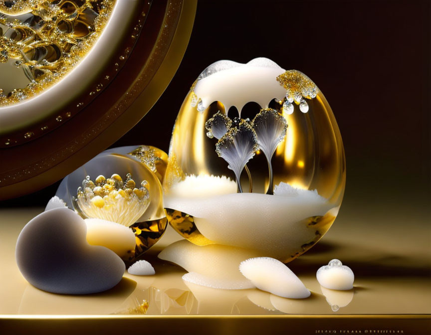 Abstract golden and white forms with textures and patterns on reflective surface