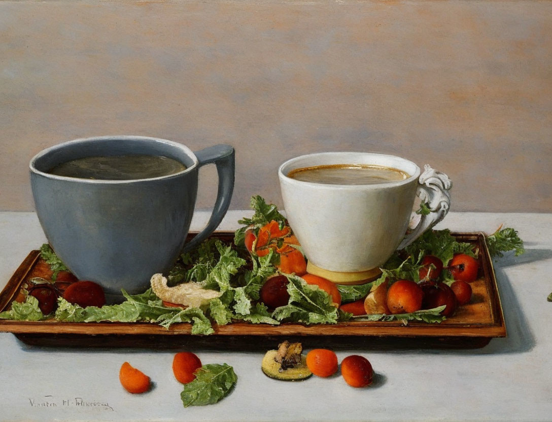 Tray with blue cup, white coffee cup, greens, radishes, cherry tomatoes on neutral background