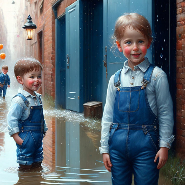 Children in denim overalls by puddle in alleyway, one smiling.