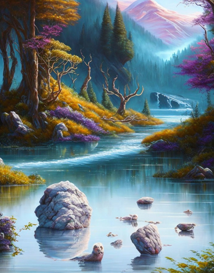 Tranquil river waterfall painting with lush scenery