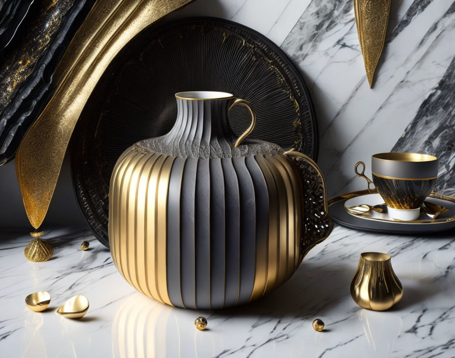 Elegant Black and Gold Table Setting with Ornate Vase and Marble Surface