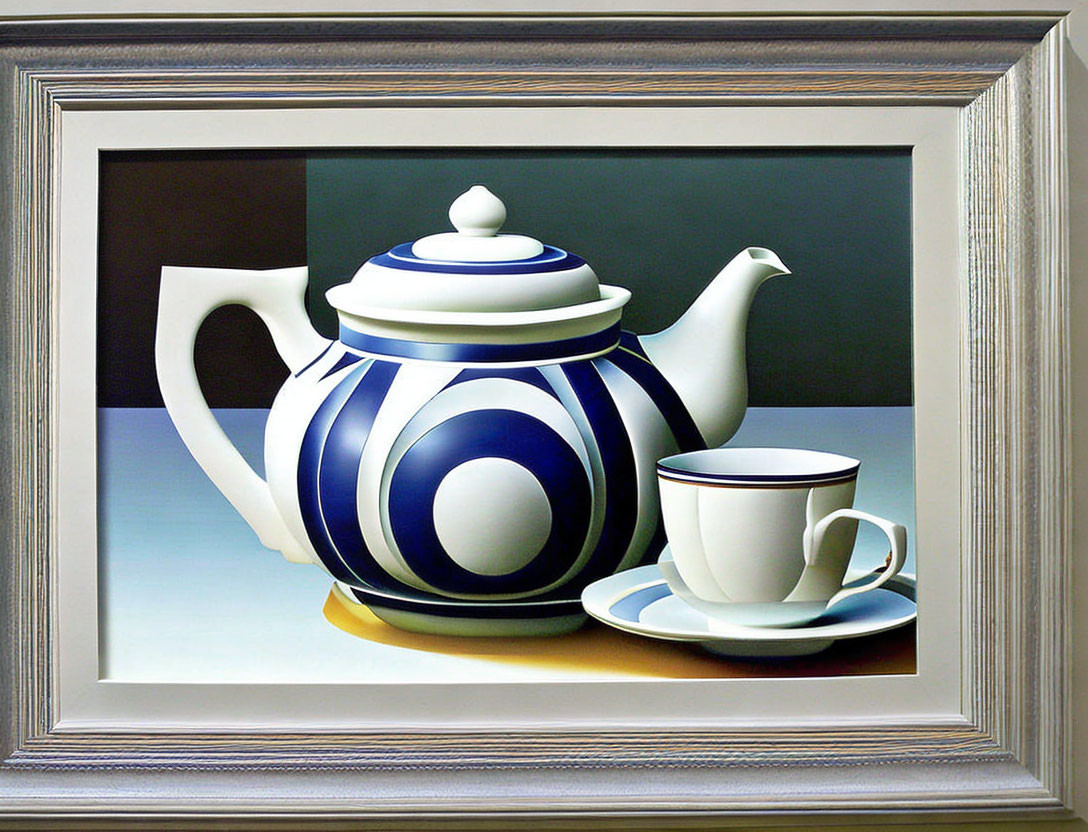 Stylized white teapot and cup painting on beige surface