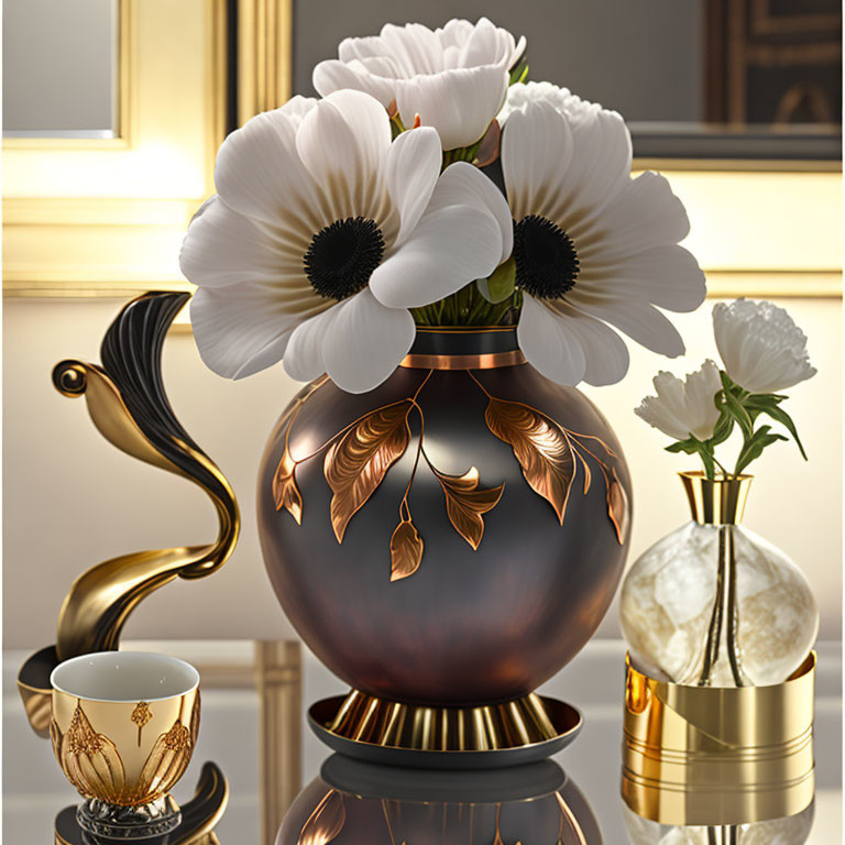 Luxurious White Anemone Flowers in Bronze Vase with Gold Accents