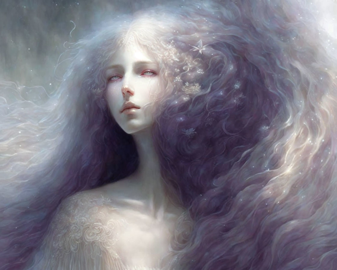 Ethereal woman with starry hair in cosmic backdrop