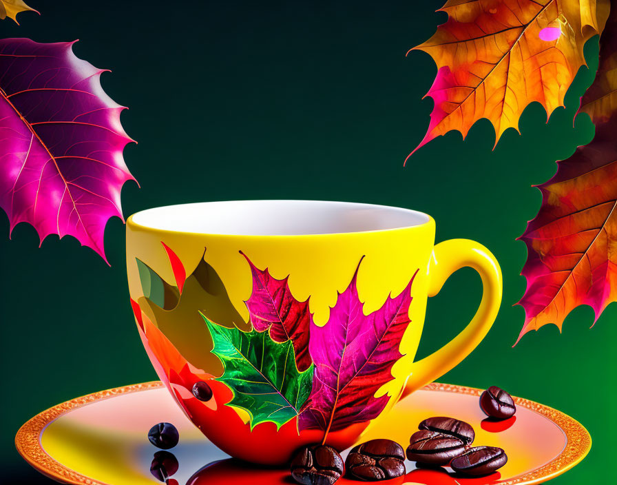 Colorful Autumn Leaves Design on Vibrant Yellow Cup