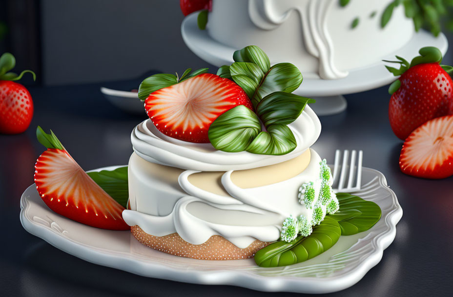 Digital art: Plate with textured cake, strawberries, basil; dark background