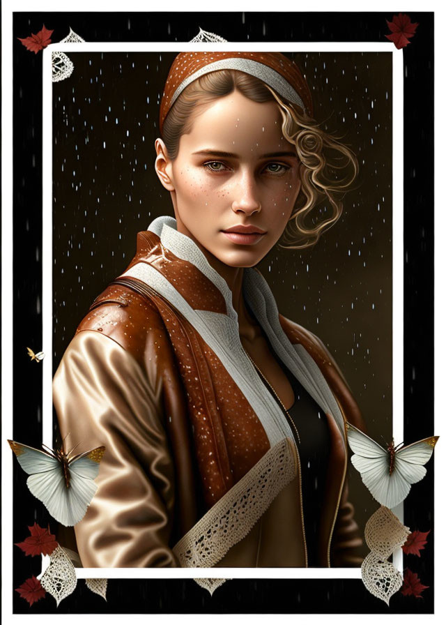 Digital portrait of a woman with blue eyes in leather jacket and headscarf, surrounded by butterflies,