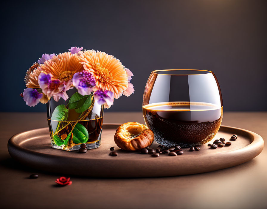 Wooden tray with whiskey, coffee, croissant, and flowers on dark background