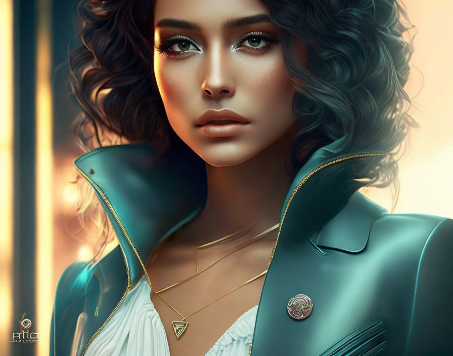 Curly Haired Woman in Teal Jacket and Necklace in Warm Backlit Setting