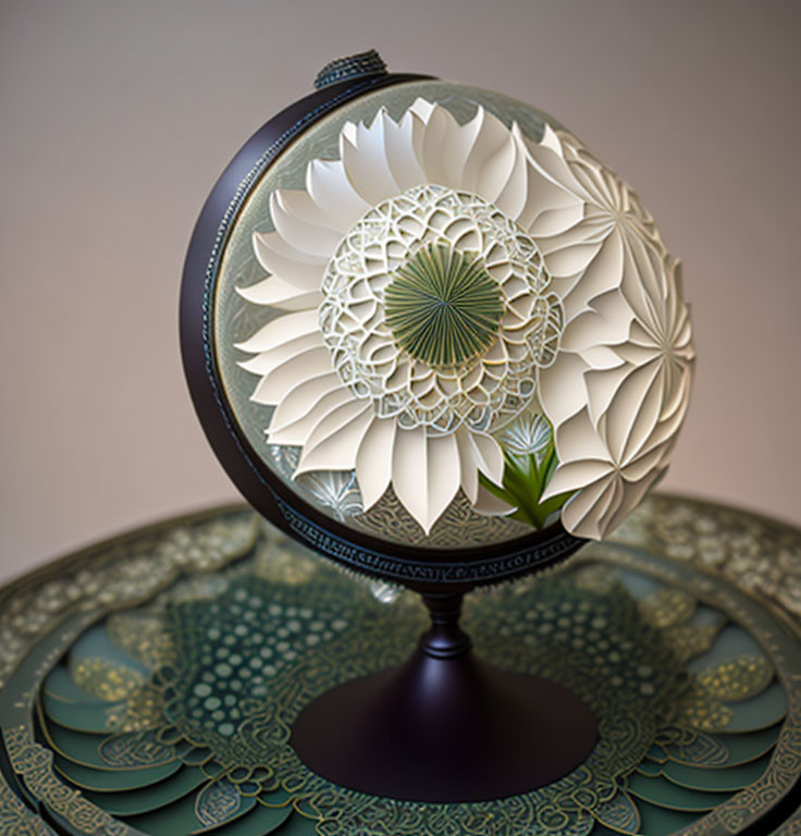 Intricate Flower Motif Globe on Patterned Plate Displaying Cutwork Artistry