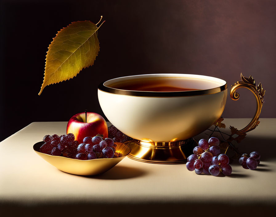 Luxurious Still Life with Golden Cup of Tea and Fresh Fruits