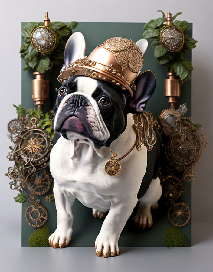 Steampunk-inspired French Bulldog with gears and clocks in mechanical setting