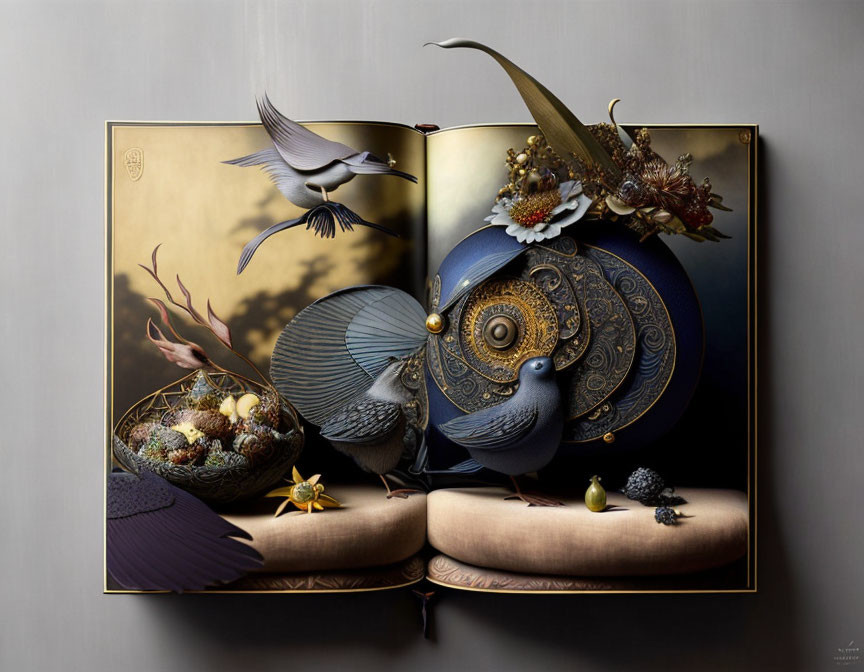 Intricate 3D samurai helmet scene with birds, eggs, and crane on open book