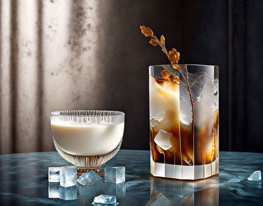 Two cocktails on reflective surface with ice cubes: one clear with frosted rim, the other amber with