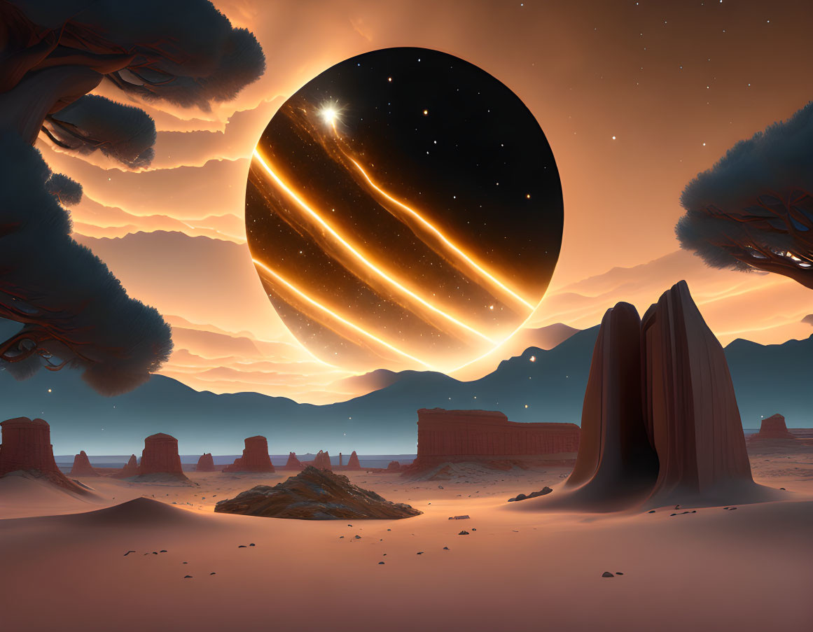 Surreal desert landscape with celestial body and shooting stars