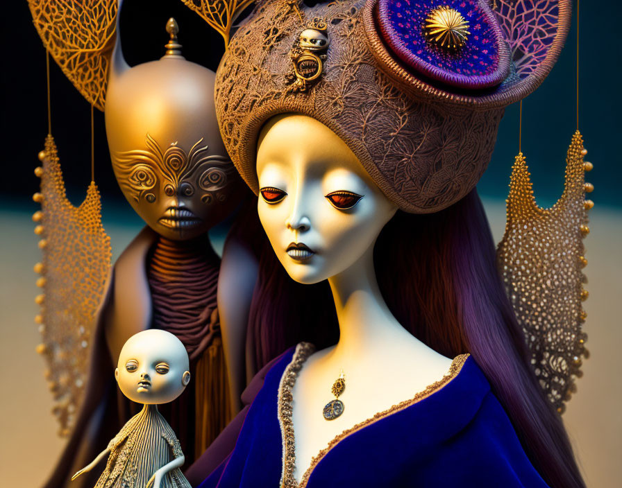 Stylized figures with ornate headpieces and jewelry on dark background