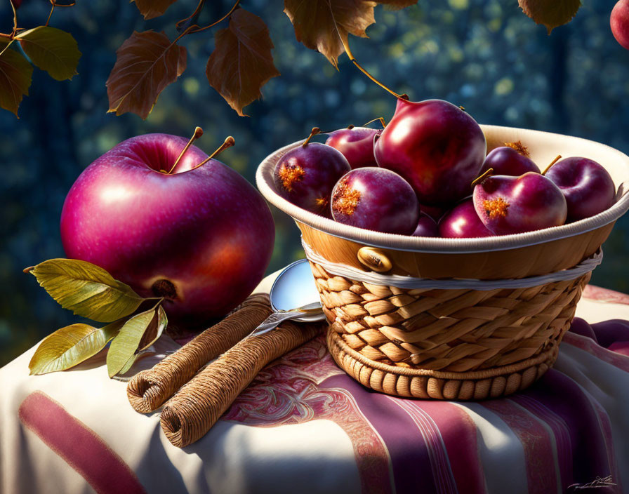 Ripe plums and apple in wicker basket on table with foliage