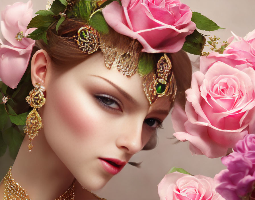 Woman adorned with floral headpiece and gold jewelry among roses.