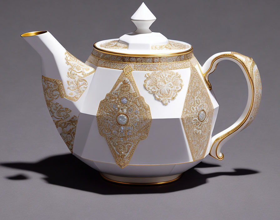 Luxurious White Teapot with Gold Embellishments on Gray Background