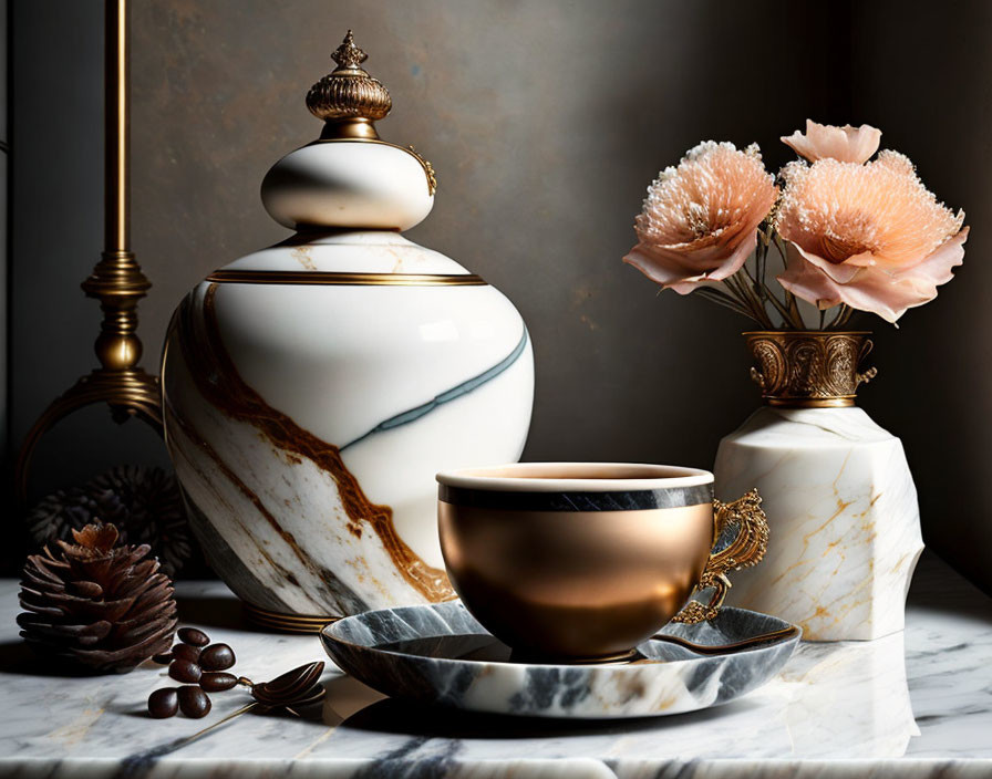 Marble-patterned urn, gold-rimmed cup, pink flowers, pine cones, and nuts