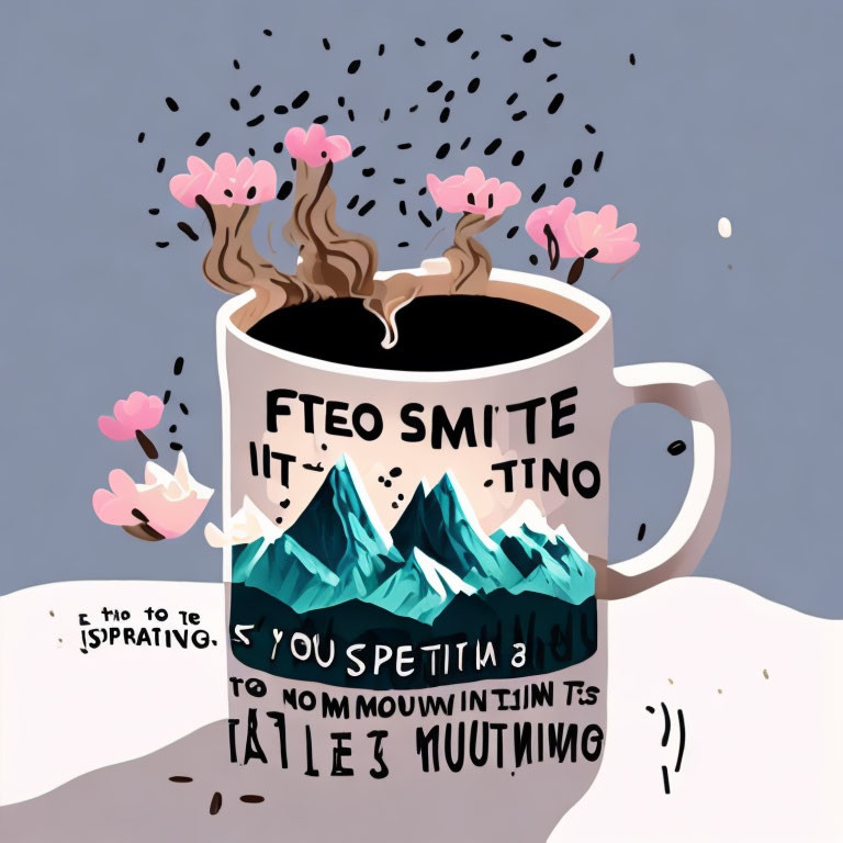 Whimsical mountain-themed coffee mug with inspirational text, steam, cherry blossoms, and coffee beans