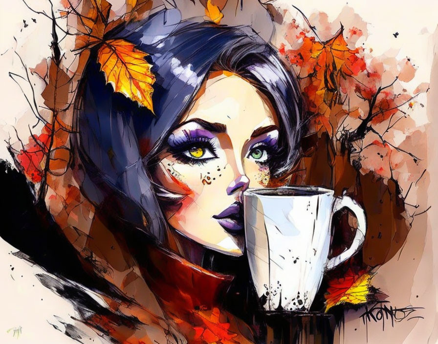 Woman with bold makeup holding cup in autumnal backdrop.