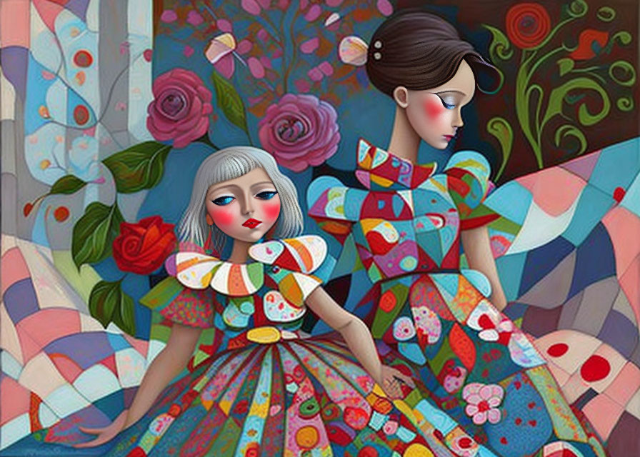 Stylized female figures in vibrant patchwork dresses amid colorful floral background