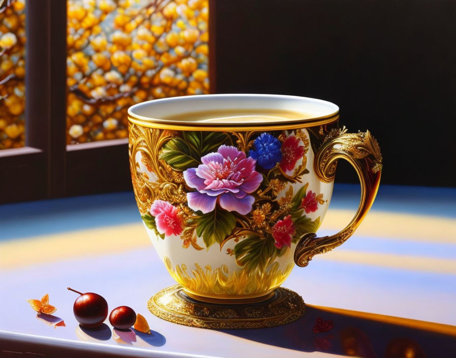 Golden floral teacup on reflective surface with cherries and marbles