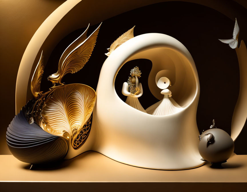 Abstract 3D Illustration with Golden Winged Sculptures & Curvilinear Shapes