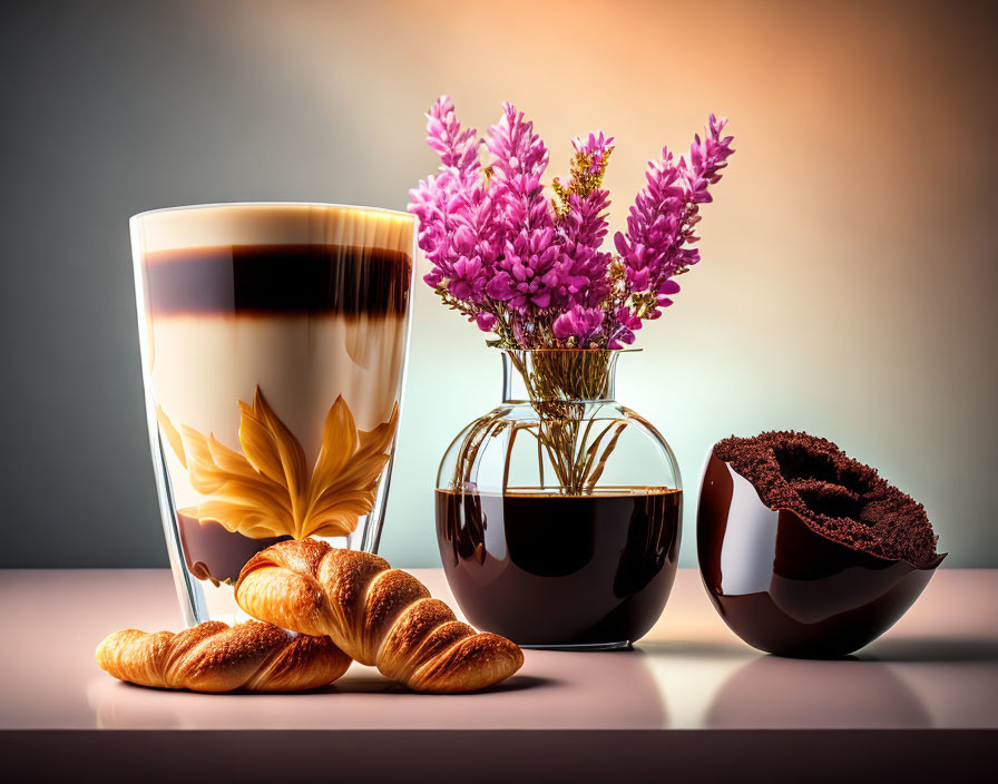 Layered Coffee, Mini Croissants, Chocolate Dessert & Purple Flowers on Amber Background