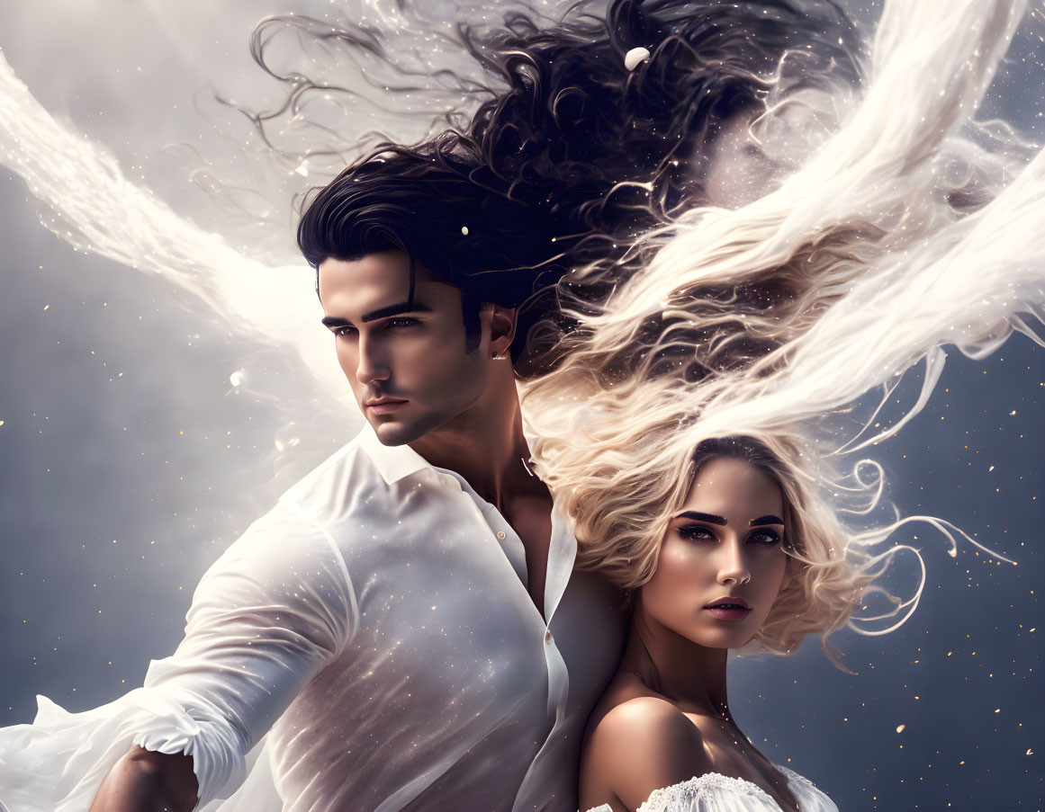 Man and woman in flowing hair and white attire against starry backdrop in fantasy digital art.